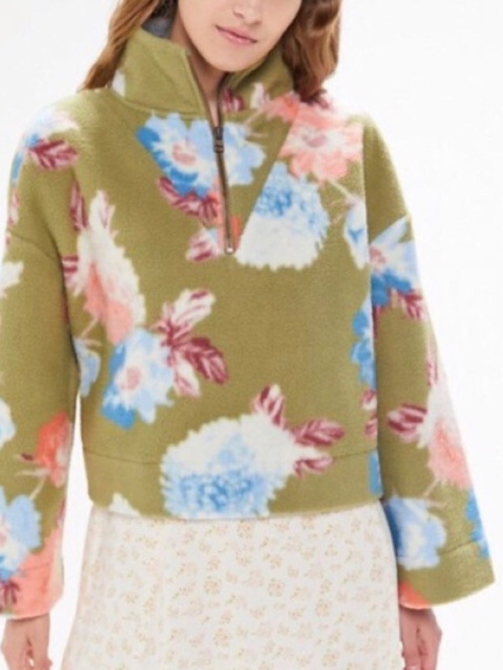 Urban Outfitters Cropped Fleece Quarter-Zip – Floral Print – Size M